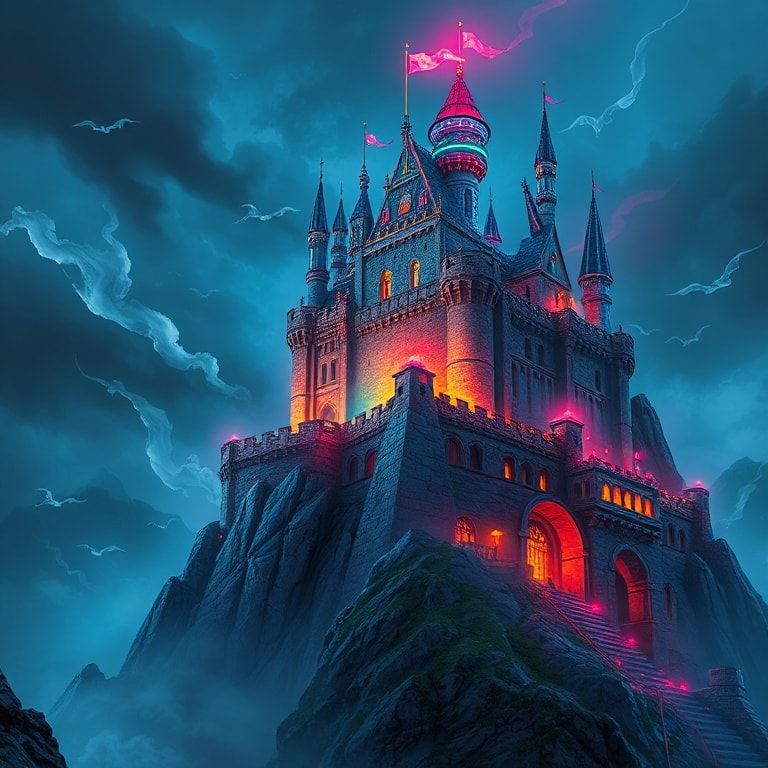 A towering medieval castle perched on a jagged mountain peak, its ancient stone walls fused with neon-lit cybernetic scaffolding, glowing holographic banners fluttering in the stormy wind. Below, a...
