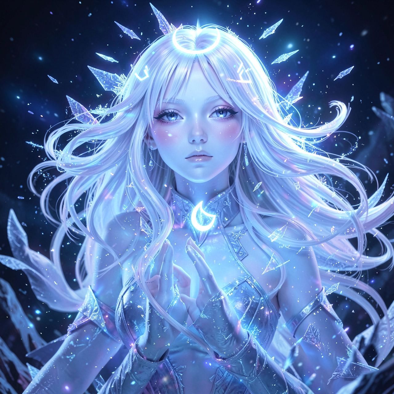 ethereal frozen oracle girl, pale icy skin, white-silver hair, luminous moon sigil, frost particles, cosmic silence, cinematic ultra-detailed