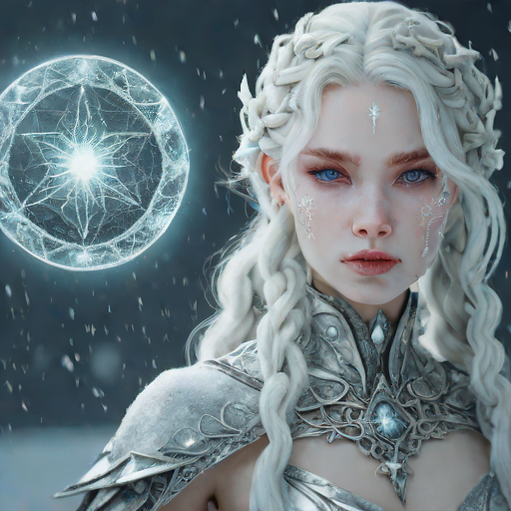 ethereal frozen oracle girl, pale icy skin, white-silver hair, luminous moon sigil, frost particles, cosmic silence, cinematic ultra-detailed