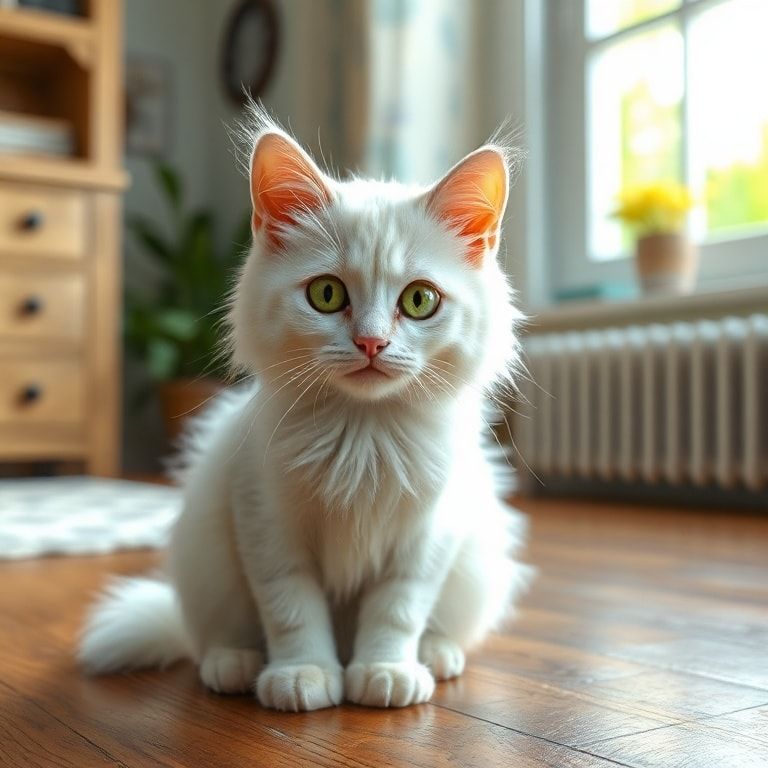 A cute, fluffy white cat with bright green eyes, sitting on a soft, wooden floor in a cozy, sunlit room with a window in the background. The cat is looking directly at the viewer with a calm and curious expression. Photorealistic style, high detail, vibrant colors, 4K resolution, 1024x1024 pixels.