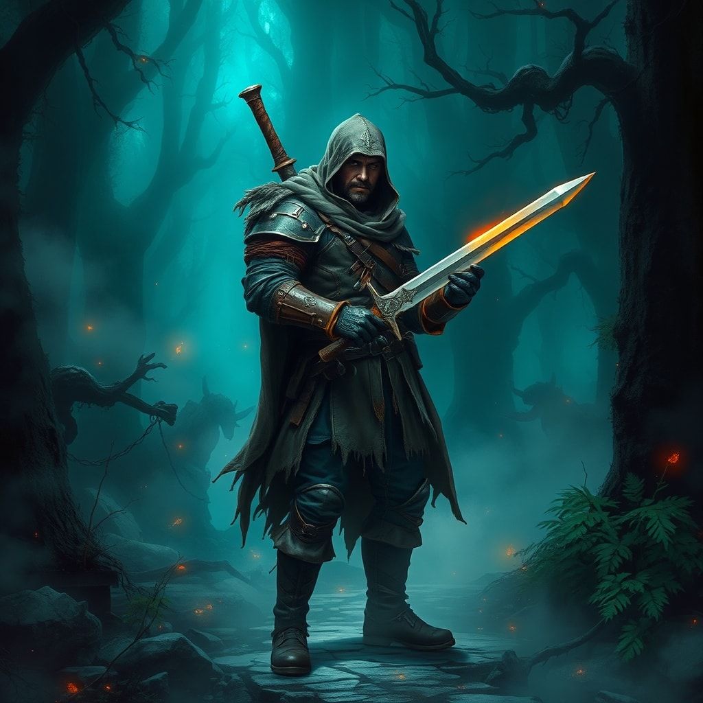 A lone fantasy warrior, clad in weathered leather armor and a tattered cloak, stands amidst a dense, mist-shrouded forest, his sword drawn, ready for battle. The forest is alive with eerie, glowing...