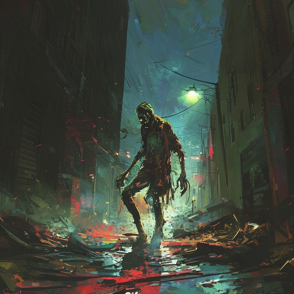 A desolate urban street bathed in the eerie glow of flickering streetlights, where a lone zombie stumbles through scattered debris, its tattered clothes swaying in the cold wind. The scene is rende...