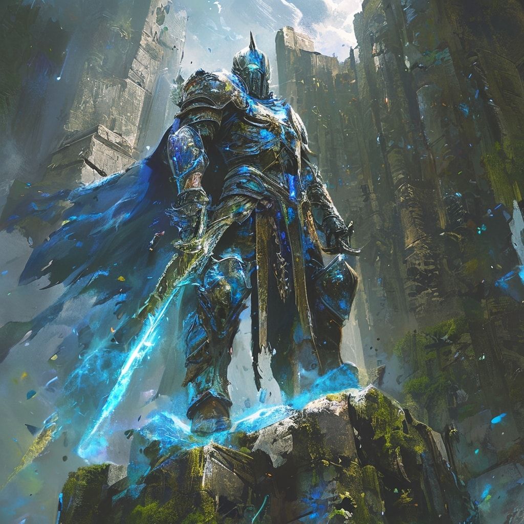 A towering fantasy warrior clad in ornate, weathered armor stands victorious atop a moss-covered stone ruin, his glowing rune-engraved greatsword embedded in the ground, emanating ethereal blue mis...