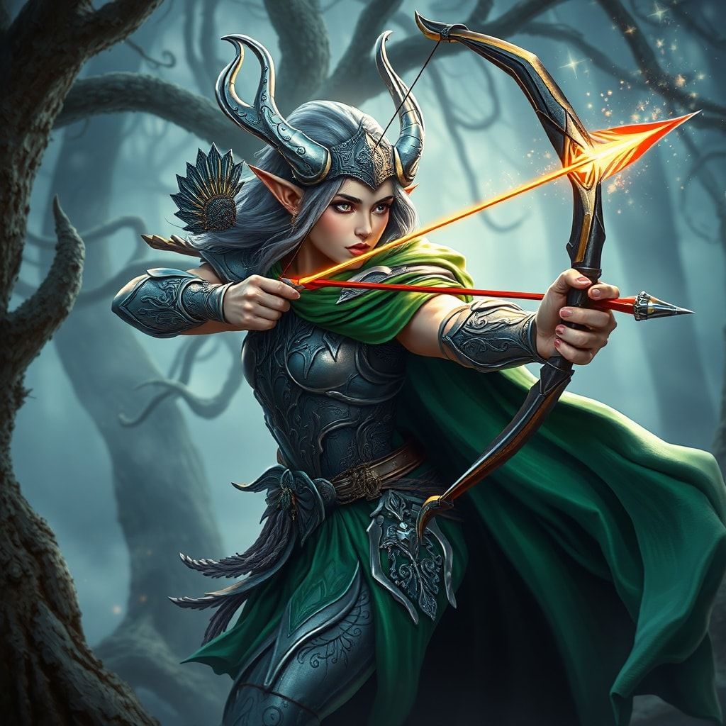 A majestic elven archer, adorned in intricate silver armor and flowing emerald cloaks, draws back a luminous bowstring, releasing an arrow that trails stardust through the ancient, mist-laden fores...