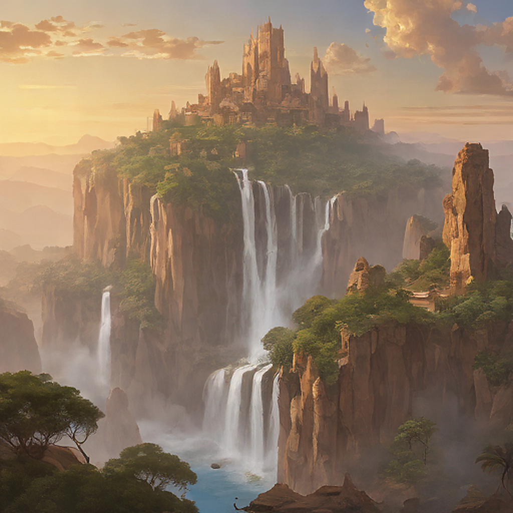 A vast expanse of floating islands drifts through a golden twilight sky, their jagged cliffs adorned with ancient ruins and cascading waterfalls. A lone adventurer stands atop the highest peak, sil...