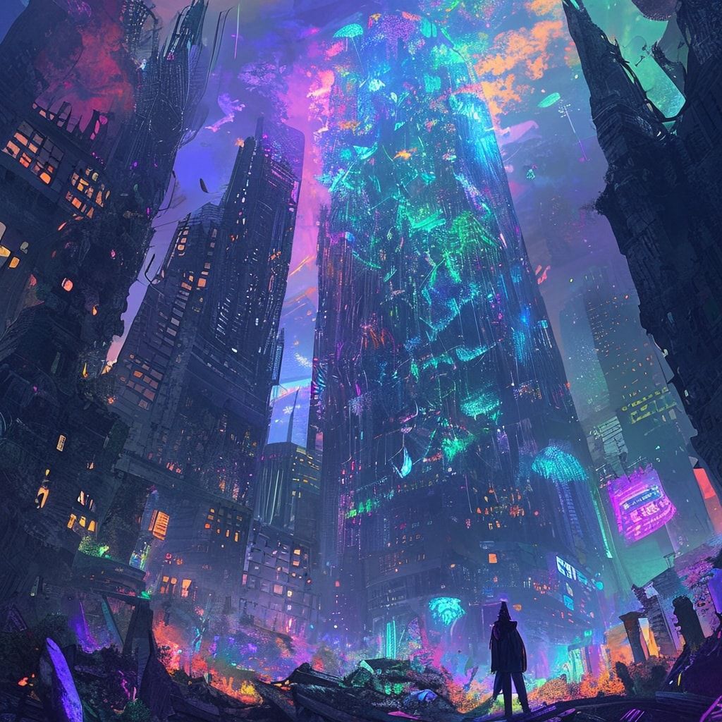 A towering, vine-choked skyscraper looms over a fractured metropolis, its glass panes shattered like dragon scales, while bioluminescent fungi pulse in the ruins below. A lone, hooded figure stands...