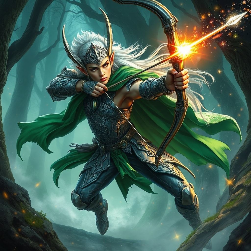 A majestic elven archer, adorned in intricate silver armor and flowing emerald cloaks, draws back a luminous bowstring, releasing an arrow that trails stardust through the ancient, mist-laden fores...