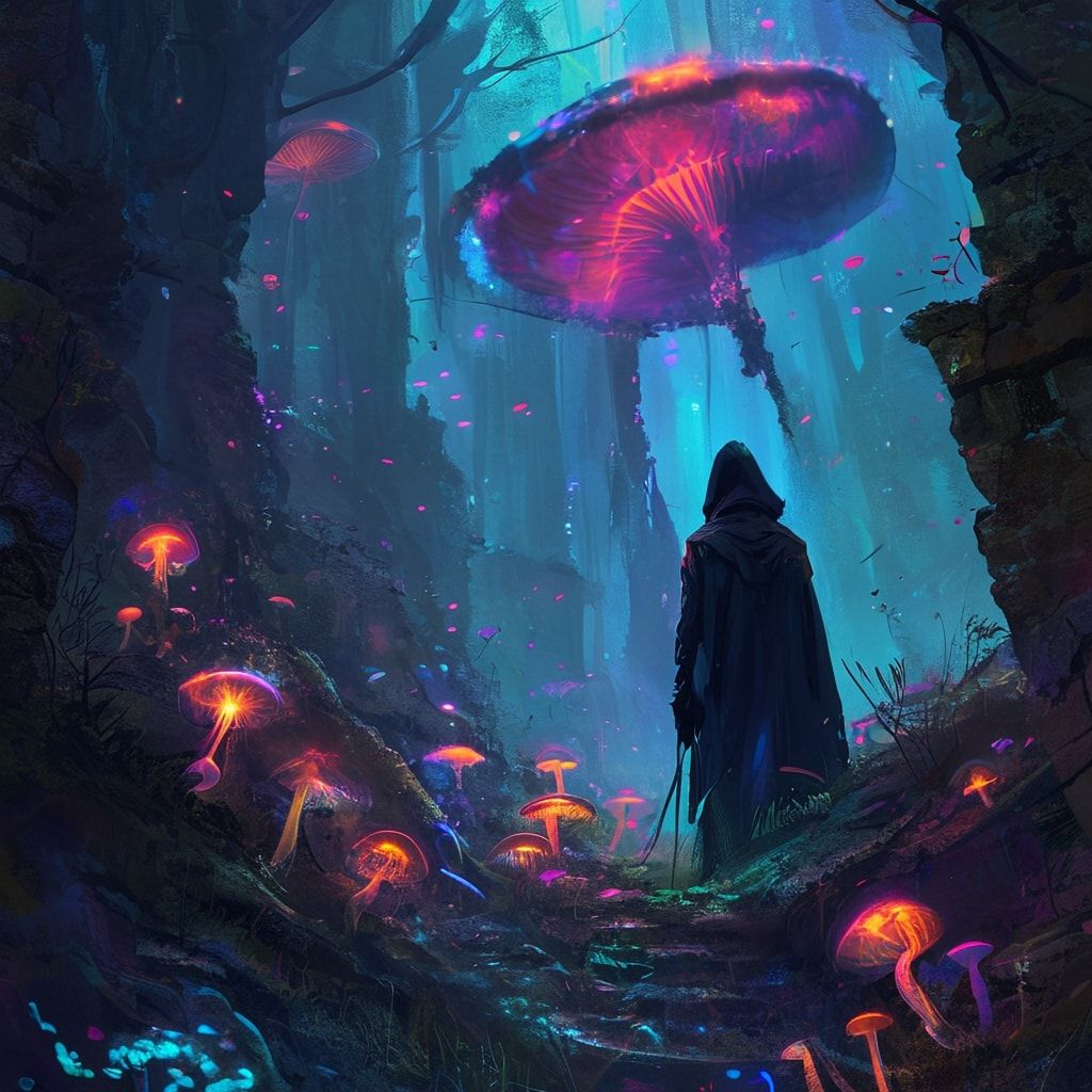 bioluminescent fungi pulse in the ruins below. A lone, hooded figure stands..