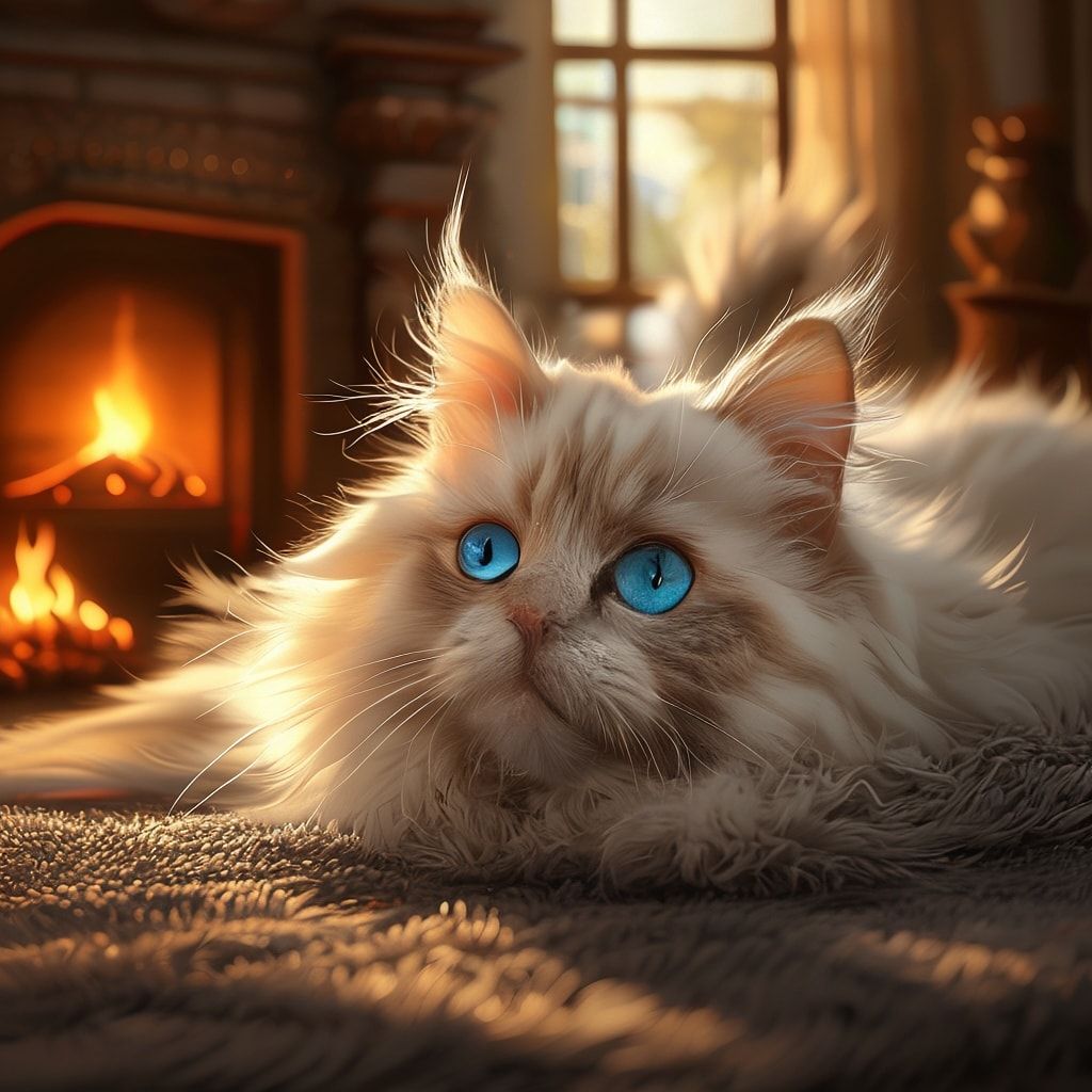 A cute, fluffy long-haired white cat with bright blue eyes, lying on a soft gray carpet in a cozy living room with a warm fireplace in the background. Bathed in warm golden hour sunlight streaming through a nearby window. Highly detailed photorealistic style, serene and cozy atmosphere, 1024x1024 pixels