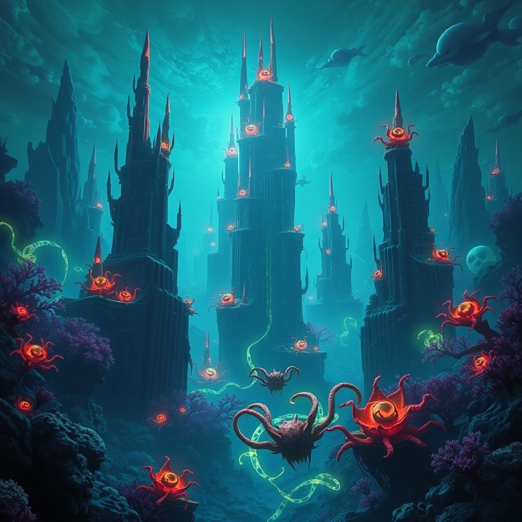 A neon-lit underwater city bathed in eerie bioluminescent glow, towering coral skyscrapers casting jagged shadows, mysterious creatures with glowing tendrils drifting through the murky depths, high...