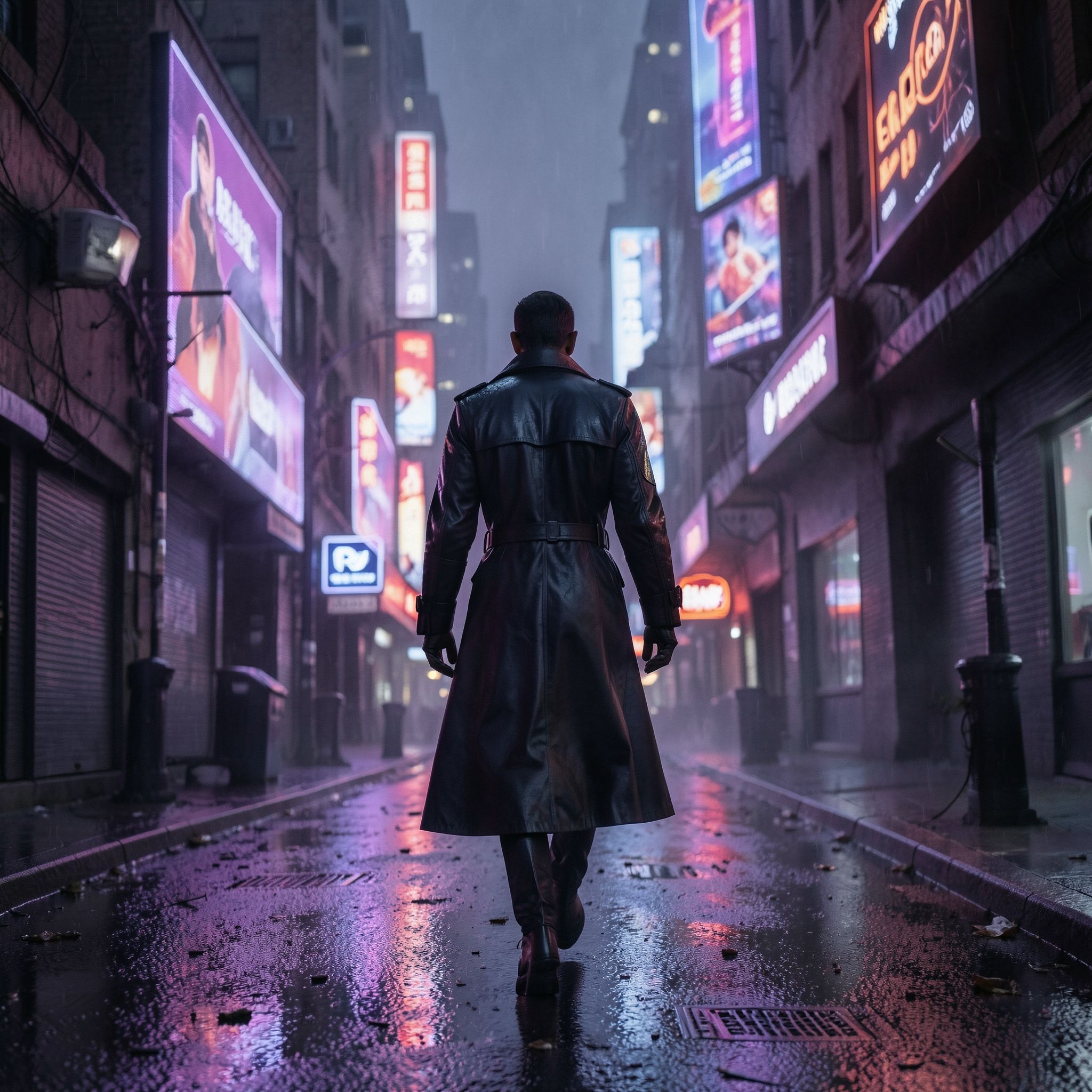 A lone figure in a sleek, high-tech trench coat strides down a desolate neon-lit boulevard, their silhouette flickering under the glow of holographic billboards casting eerie purple and crimson hue...