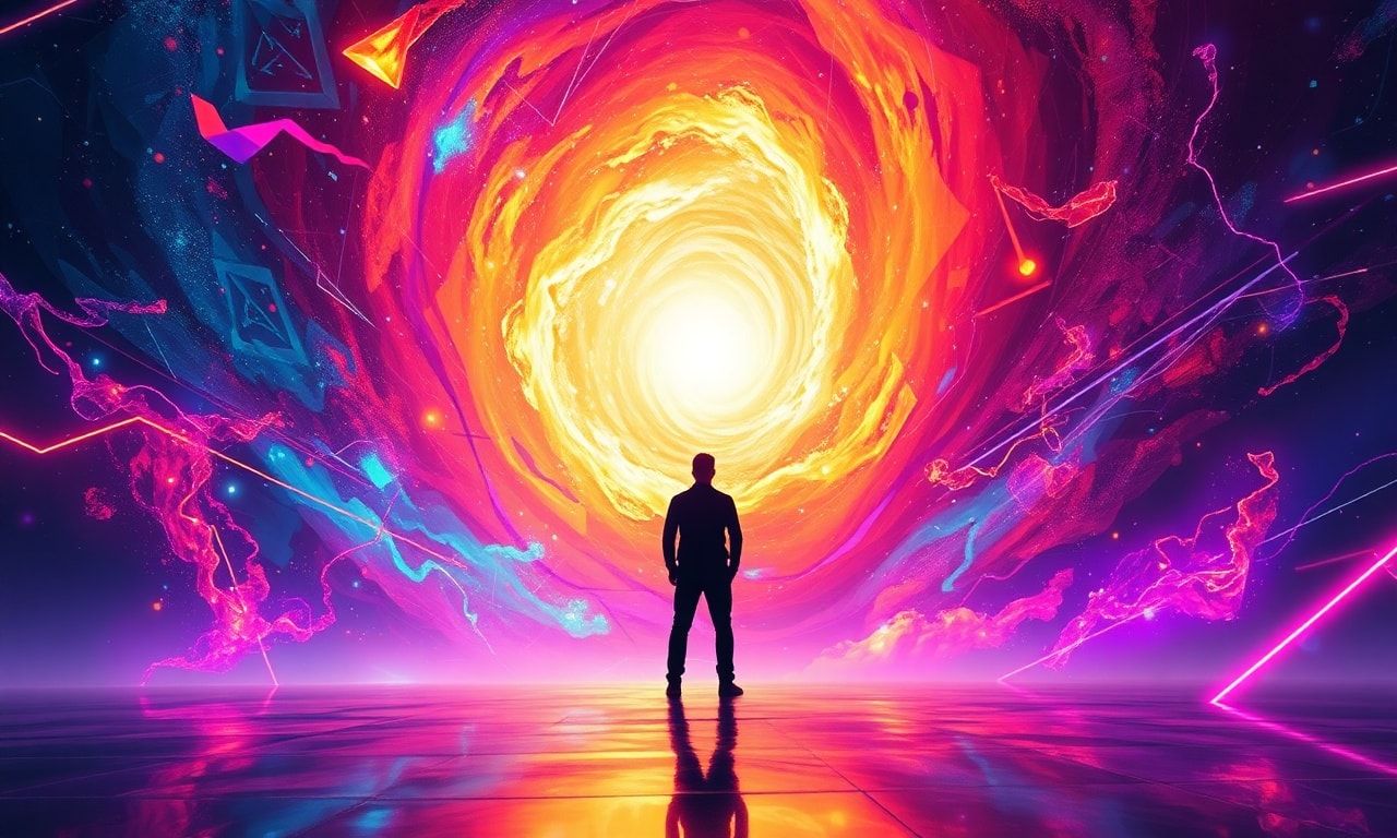 A lone figure stands at the threshold of an ever-expanding, iridescent vortex, their silhouette sharply defined against a swirling galaxy of geometric chaos, where neon ribbons of light dance in pe...