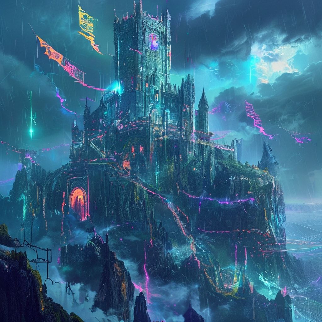 A towering medieval castle perched on a jagged mountain peak, its ancient stone walls fused with neon-lit cybernetic scaffolding, glowing holographic banners fluttering in the stormy wind. Below, a...