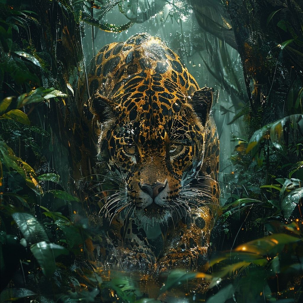 A majestic jaguar, its golden fur glistening with rain, prowls through the dense, misty rainforest under a canopy of ancient trees, emerald leaves filtering dappled sunlight. The air hums with the ...