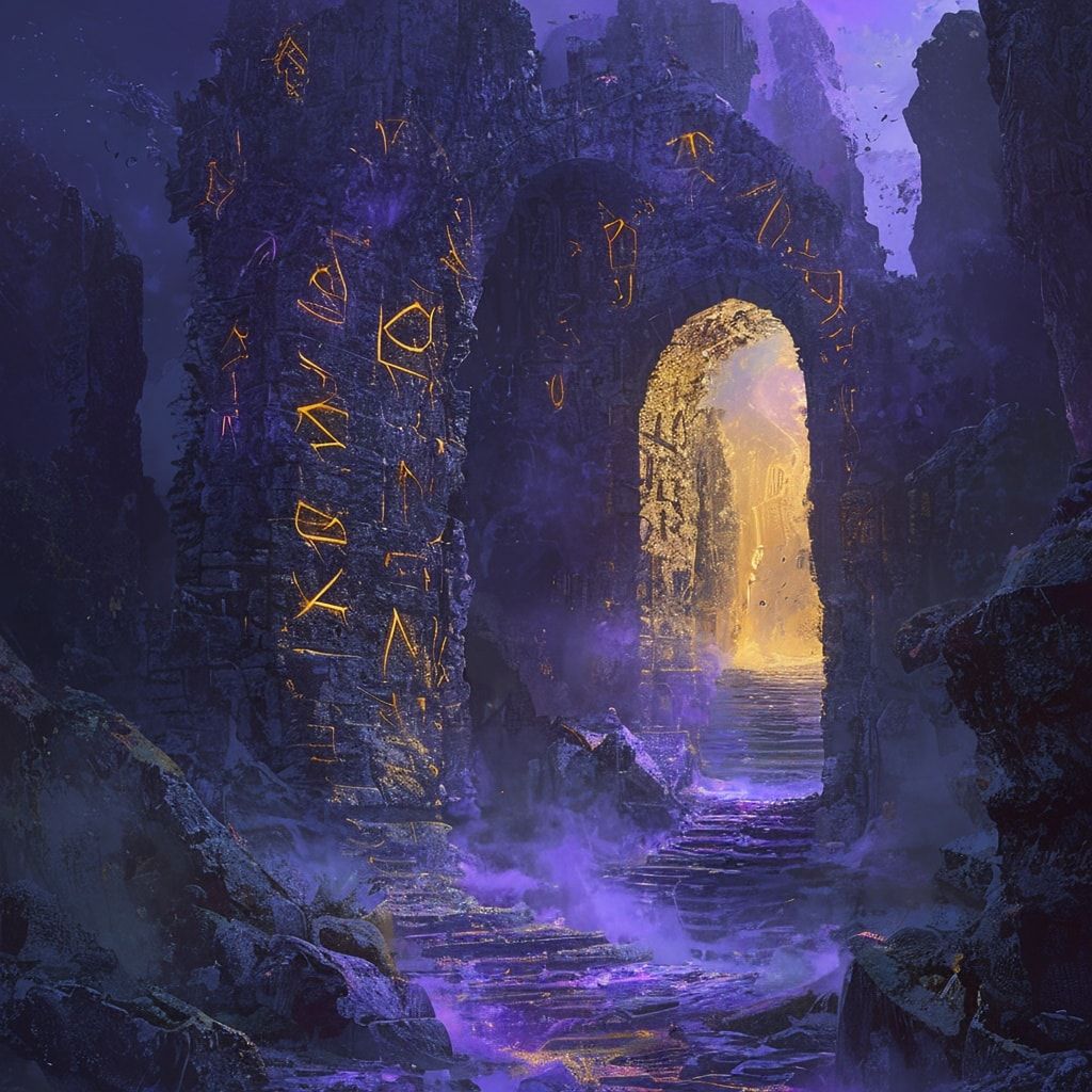 A towering, crumbling stone archway in a moonlit abandoned castle, glowing with swirling violet and gold runes, reveals a shimmering portal to another realm. Ethereal mist curls around ancient ruin...