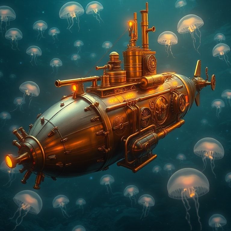 A majestic steampunk submarine glides through the deep ocean, its brass and copper hull gleaming under the soft glow of bioluminescent jellyfish. The intricate gears and pipes of the vessel are ill...