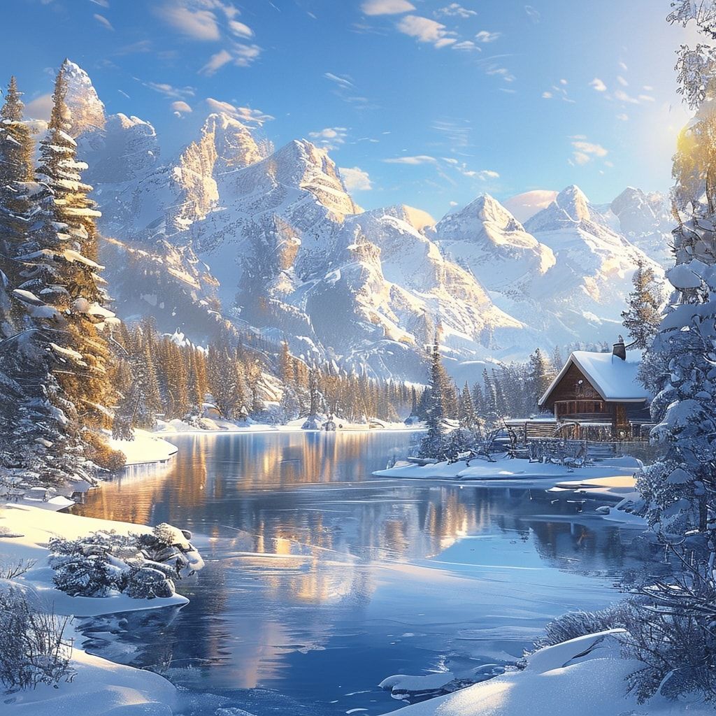 A breathtaking winter landscape featuring snow-covered mountains, a frozen lake reflecting the clear blue sky, and a cozy wooden cabin nestled among snow-laden pine trees. The scene is bathed in soft, golden sunlight from a low winter sun, creating a serene and magical atmosphere. Photorealistic style, high resolution, vibrant colors, detailed snow texture, and a sense of tranquility and wonder.