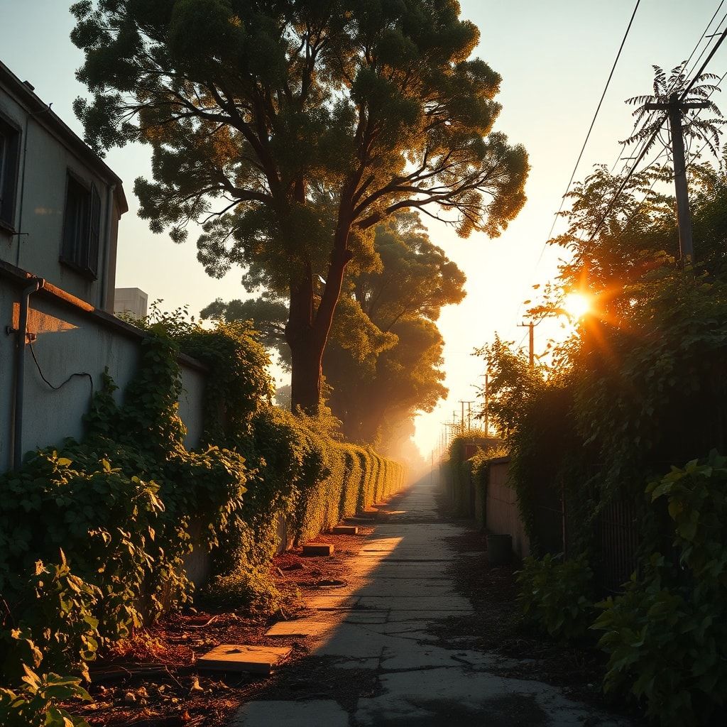 A desolate urban landscape swallowed by lush vines and towering trees, bathed in golden hour sunlight casting long shadows, captured with a shallow depth of field, hyper-detailed textures, and a ci...