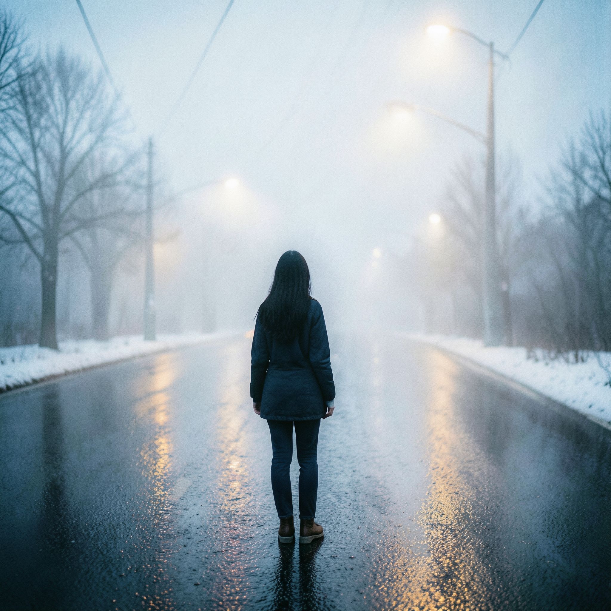 A girl with long black hair stands facing away, looking into the distance on a foggy road. The winter atmosphere feels cold and damp, like after a light rain. Thick February fog drifts across the empty road, reflecting soft, muted streetlight glow. The ground is slightly wet, adding subtle reflections. Pale blue and gray tones dominate the scene. The mood is quiet, melancholic, and cinematic, as if frozen in time. Cinematic composition, wide-angle shot, soft diffused lighting, shallow depth of field, realistic textures, gentle film grain, emotional winter atmosphere, like a scene from a slow, intimate film.