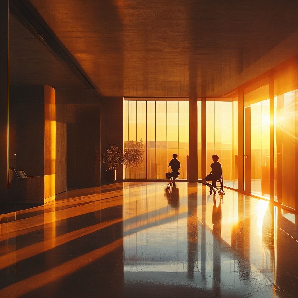 A sleek, minimalist modern apartment bathed in golden hour sunlight streaming through floor-to-ceiling windows, casting long shadows across polished concrete floors. A lone figure sits on a mid-cen...