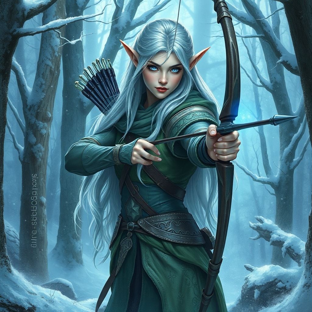 mystical young woman elf with silver hair and glowing blue eyes stands amidst an ancient, snow-laden forest, elven archer