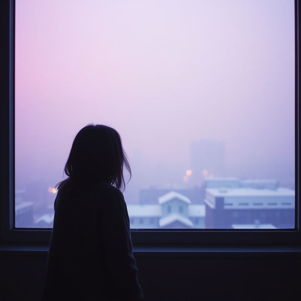A girl stands inside a quiet room, facing away, looking out through a window. Outside, a foggy February winter unfolds — light snowfall drifts slowly through the air, and the sky glows with soft violet and muted purple tones. The city beyond the glass feels distant and blurred by mist. Cold winter light enters the room gently, casting subtle shadows. The atmosphere is calm, introspective, and emotional, capturing a moment of stillness and inner change. Cinematic composition, soft diffused lighting, shallow depth of field, cool color palette with violet accents, misty winter mood, realistic textures, gentle film grain, intimate and poetic atmosphere, like a scene from a quiet winter film.