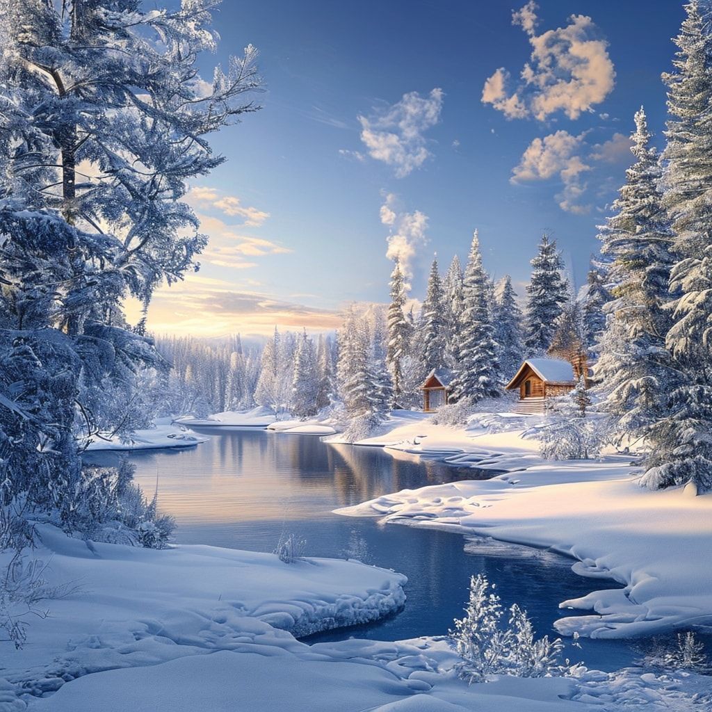 A breathtaking winter landscape with a frozen lake surrounded by snow-covered pine trees. In the distance, a cozy wooden cabin with smoke rising from its chimney nestled among the trees. The sky is a clear, deep blue with a soft golden light from the low sun casting a warm glow over the scene, creating a magical and serene atmosphere. The snow on the ground and trees is detailed with crisp, photorealistic texture, emphasizing the cold, fresh air. The composition is balanced, with the lake leading the eye towards the cabin, evoking a sense of peaceful solitude and winter wonder. Photorealistic style, high detail, vibrant colors, natural lighting.