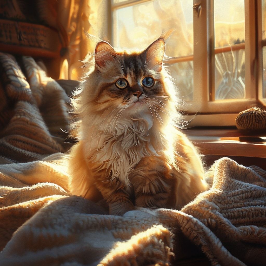 A fluffy, adorable cat with bright eyes, sitting on a soft blanket in a cozy living room with warm sunlight streaming through the window, photorealistic style, high quality, detailed fur texture, warm and inviting atmosphere