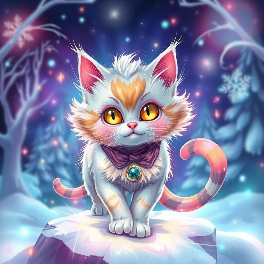 fantasy kitty with magical winter background