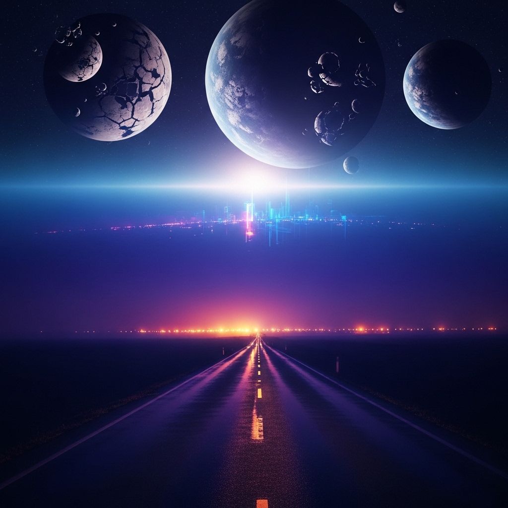 A dark, cinematic synthwave scene where a lonely night road fades into an otherworldly cosmic landscape. The city feels distant and abstract, barely visible through deep violet and blue mist. Above the horizon, massive planets and fractured moons glow softly, suspended in the dark sky like ancient celestial beings.