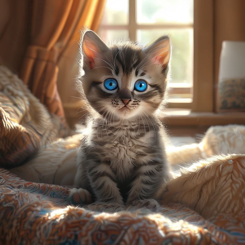 A cute, fluffy kitten with bright blue eyes, sitting on a soft, patterned blanket in a cozy living room with warm, natural sunlight streaming through a window. The kitten is looking directly at the viewer with a curious and playful expression. Photorealistic style, high detail, vibrant colors, 4K resolution, 1024x1024 pixels.