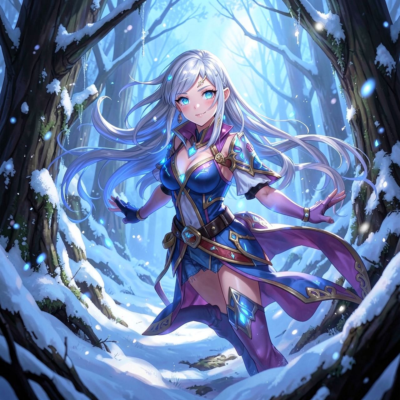 mystical young woman with silver hair and glowing blue eyes stands amidst an ancient, snow-laden forest