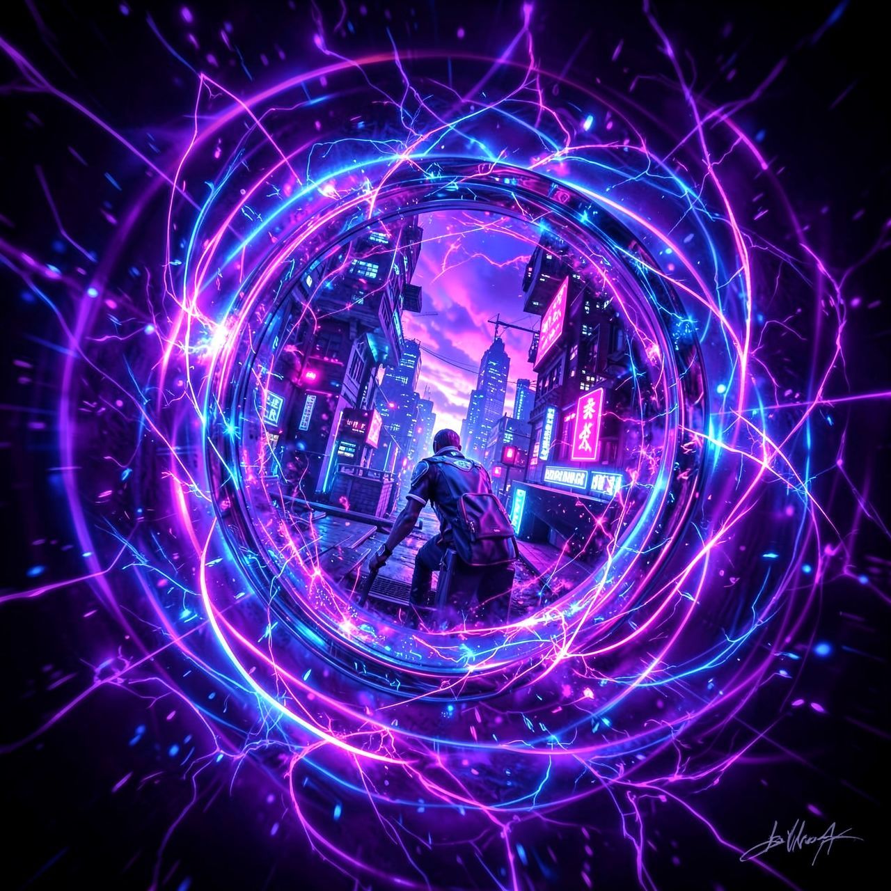 A surreal, bioluminescent mirror dimension portal swirls with fractal energy, revealing a twisted reflection of a cyberpunk cityscape bathed in neon violet and electric blue hues, with a lone figur...