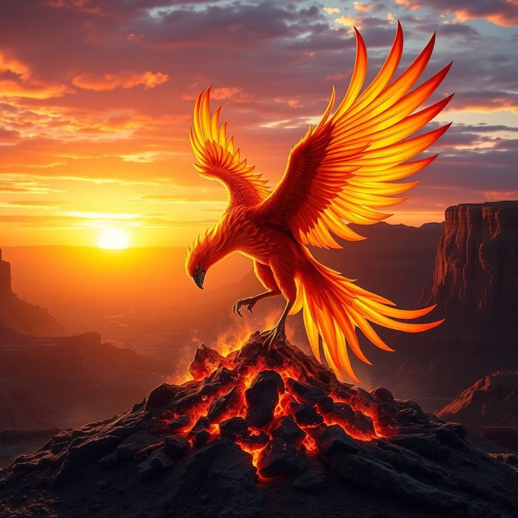 A majestic phoenix, its feathers ablaze with golden and crimson hues, rises from a smoldering ash mound in a vast, desolate canyon at dusk, backlit by a fiery sunset casting long shadows, with dram...