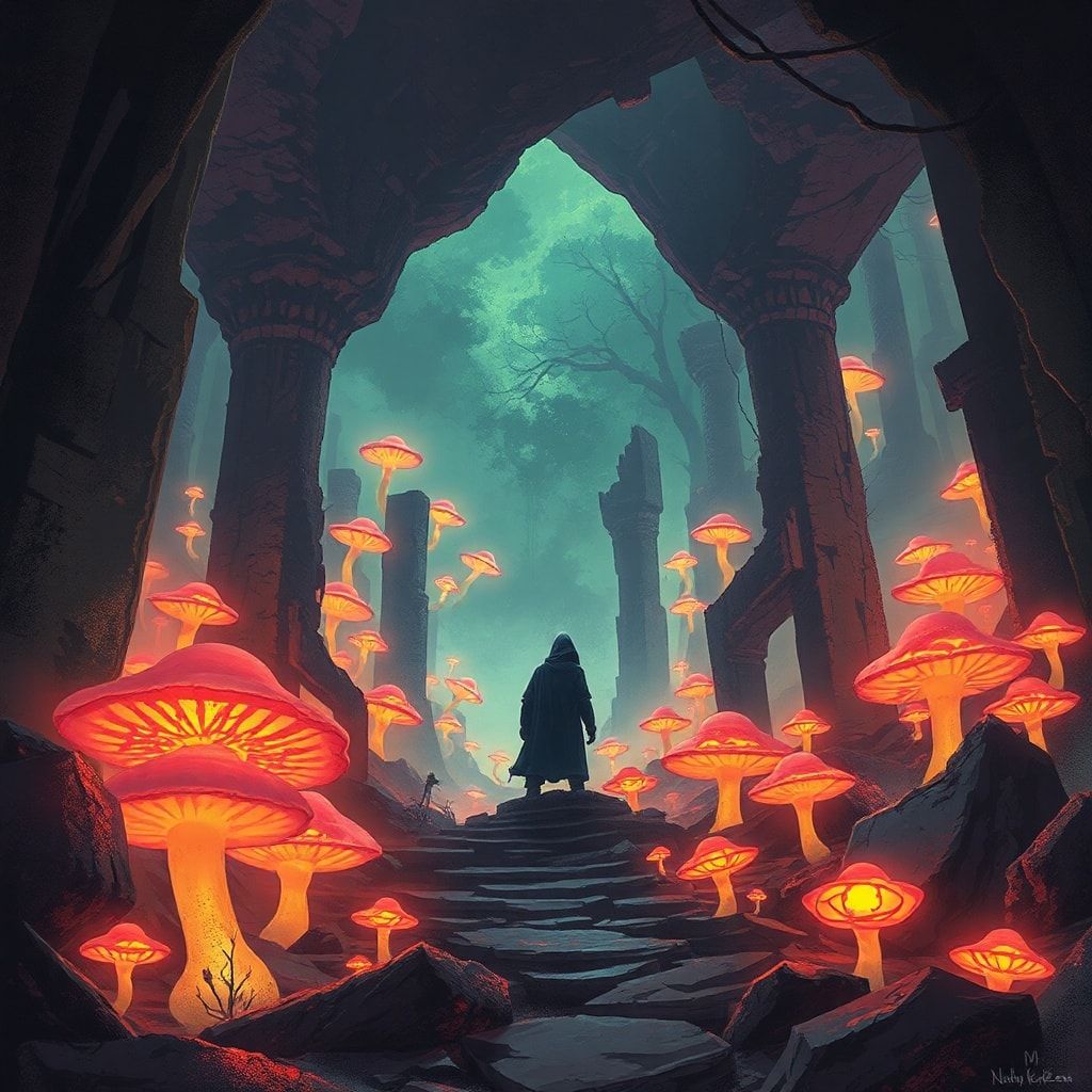 bioluminescent fungi pulse in the ruins below. A lone, hooded figure stands..