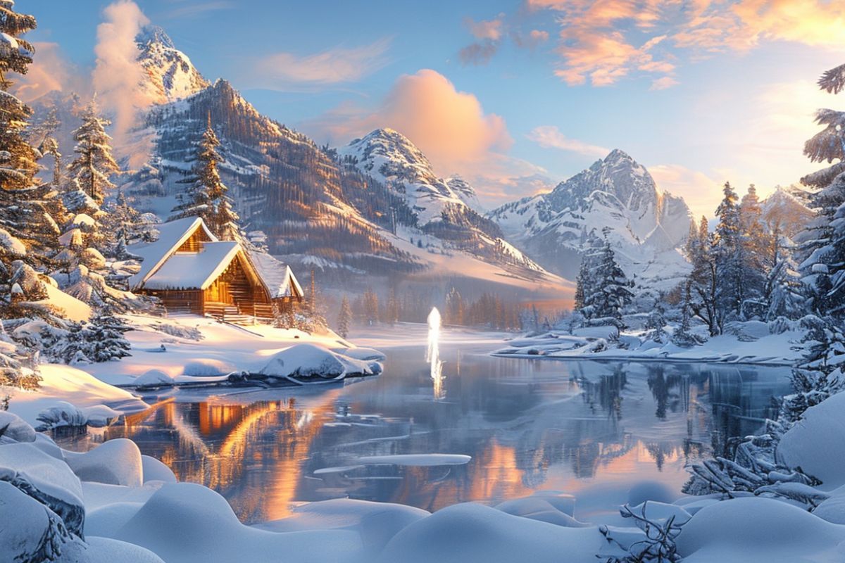 A breathtaking winter wonderland scene with snow-covered mountains in the background, a frozen lake in the middle ground reflecting the clear blue sky, and a cozy wooden cabin with smoke rising from its chimney nestled among snow-laden pine trees. The scene is bathed in soft, warm golden light from the low winter sun, creating a serene and magical atmosphere. Detailed photorealistic snow texture, crisp cold air, and a sense of peaceful isolation and tranquility.