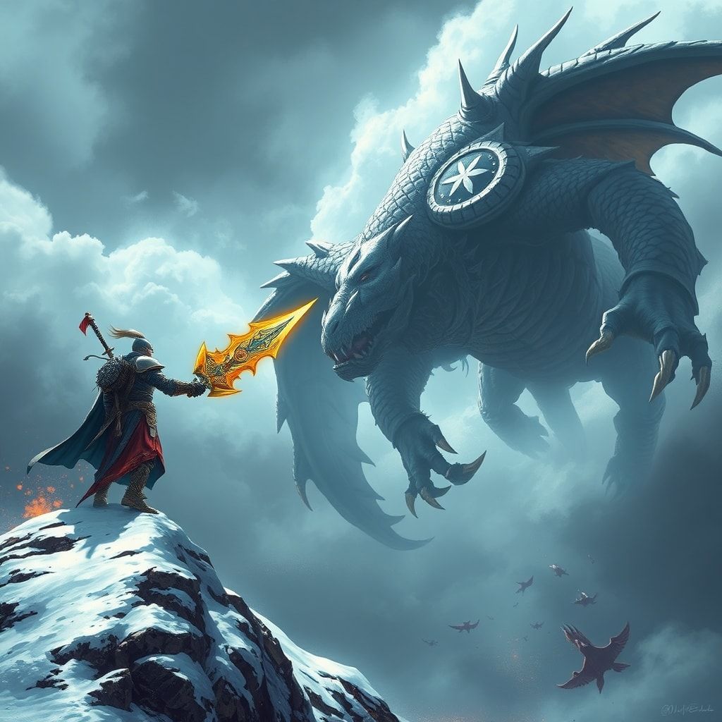 A towering, armored warrior stands atop a snow-capped peak, wielding a glowing rune-etched blade as a colossal, scaled beast descends from storm-wracked skies, its wings casting jagged shadows over...