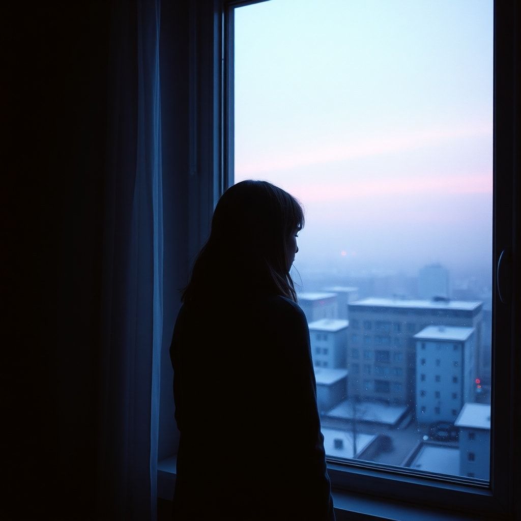 A girl stands inside a quiet room, facing away, looking out through a window. Outside, a foggy February winter unfolds — light snowfall drifts slowly through the air, and the sky glows with soft violet and muted purple tones. The city beyond the glass feels distant and blurred by mist. Cold winter light enters the room gently, casting subtle shadows. The atmosphere is calm, introspective, and emotional, capturing a moment of stillness and inner change. Cinematic composition, soft diffused lighting, shallow depth of field, cool color palette with violet accents, misty winter mood, realistic textures, gentle film grain, intimate and poetic atmosphere, like a scene from a quiet winter film.