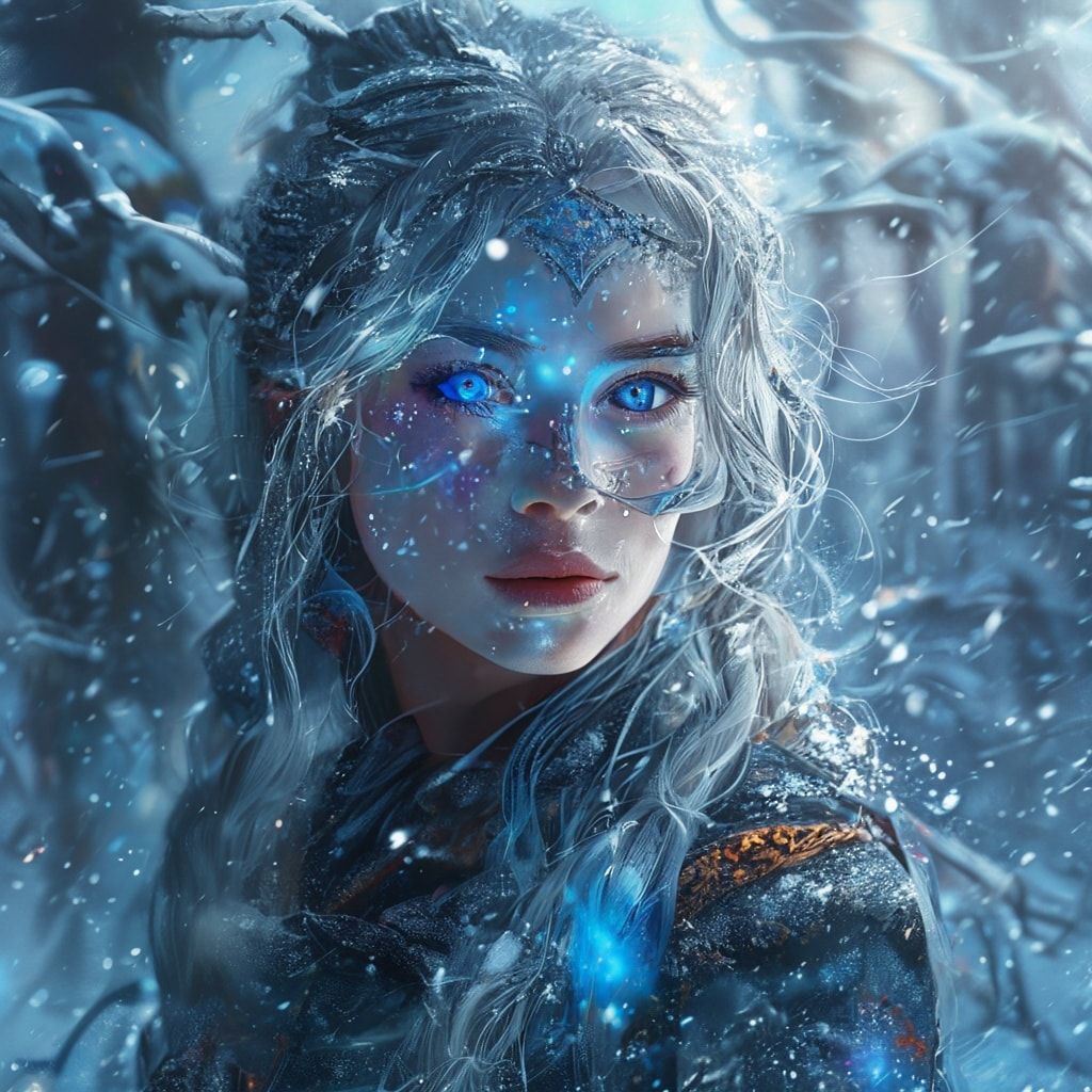 mystical young woman with silver hair and glowing blue eyes stands amidst an ancient, snow-laden forest