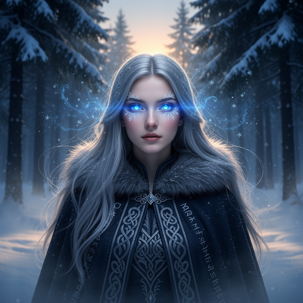 mystical young woman with silver hair and glowing blue eyes stands amidst an ancient, snow-laden forest