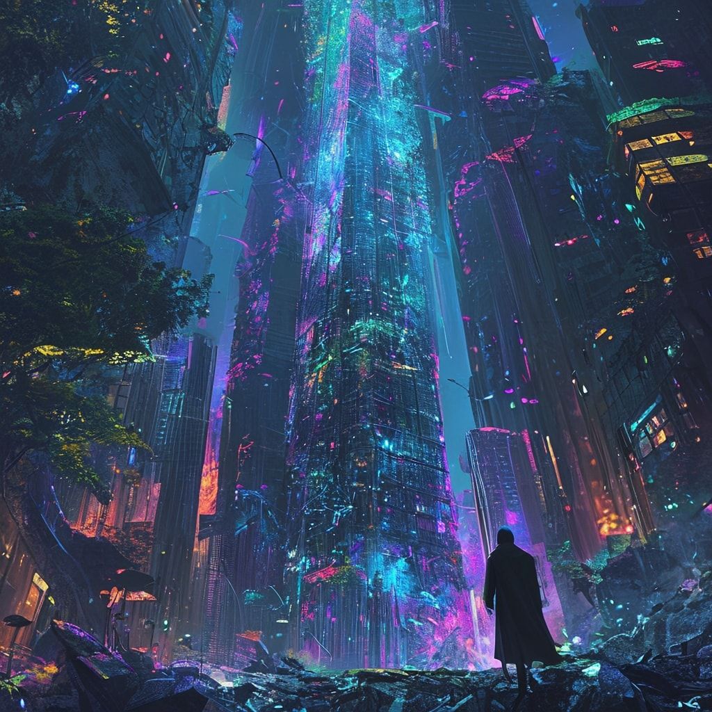 A towering, vine-choked skyscraper looms over a fractured metropolis, its glass panes shattered like dragon scales, while bioluminescent fungi pulse in the ruins below. A lone, hooded figure stands...