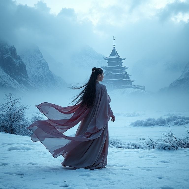 A cinematic fantasy scene inspired by ancient China: a graceful woman in an elegant, flowing Chinese fantasy robe stands alone in an icy valley. Frost and snow cover the ground, shimmering in cold blue light. In the distance, a majestic ancient Chinese castle rises through the mist, surrounded by towering snow-covered mountains. Winter wind moves her long hair and silk fabric, creating a sense of destiny and timeless power. The atmosphere is epic, mystical, and emotional, like a high-budget fantasy movie. Ultra-detailed, cinematic lighting, wide-angle shot, cold color palette, dramatic clouds, ethereal mood, 4K, film still, fantasy realism.