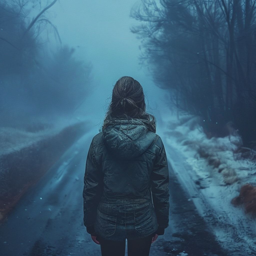 A girl with her back turned stands in a jacket on a winter road, an atmosphere of melancholy, loneliness and blue fog everywhere, as in dark ambient