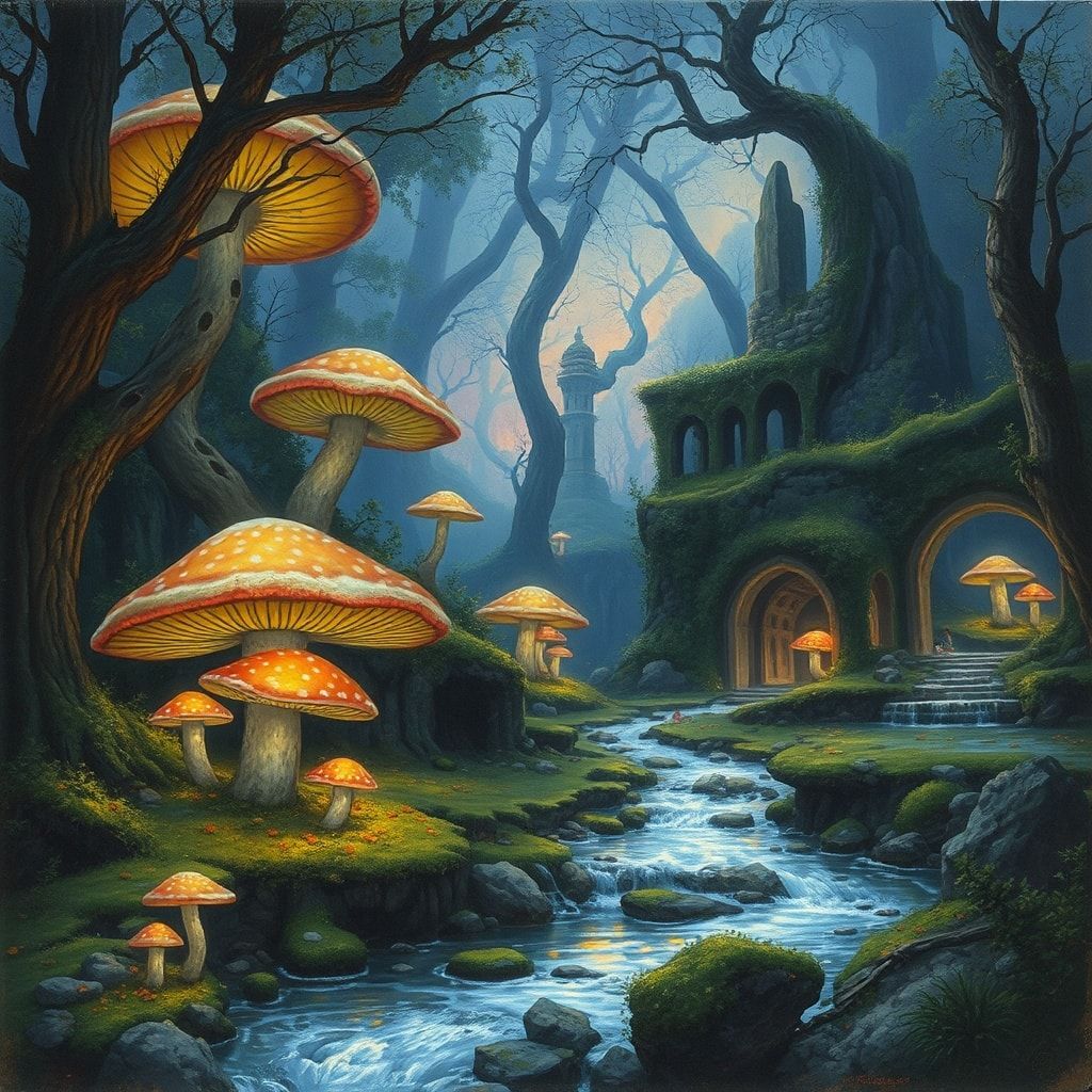 Ancient elven forest at twilight, giant glowing mushrooms, silver streams, moss-covered ruins, soft magical light, detailed fantasy art, painterly style