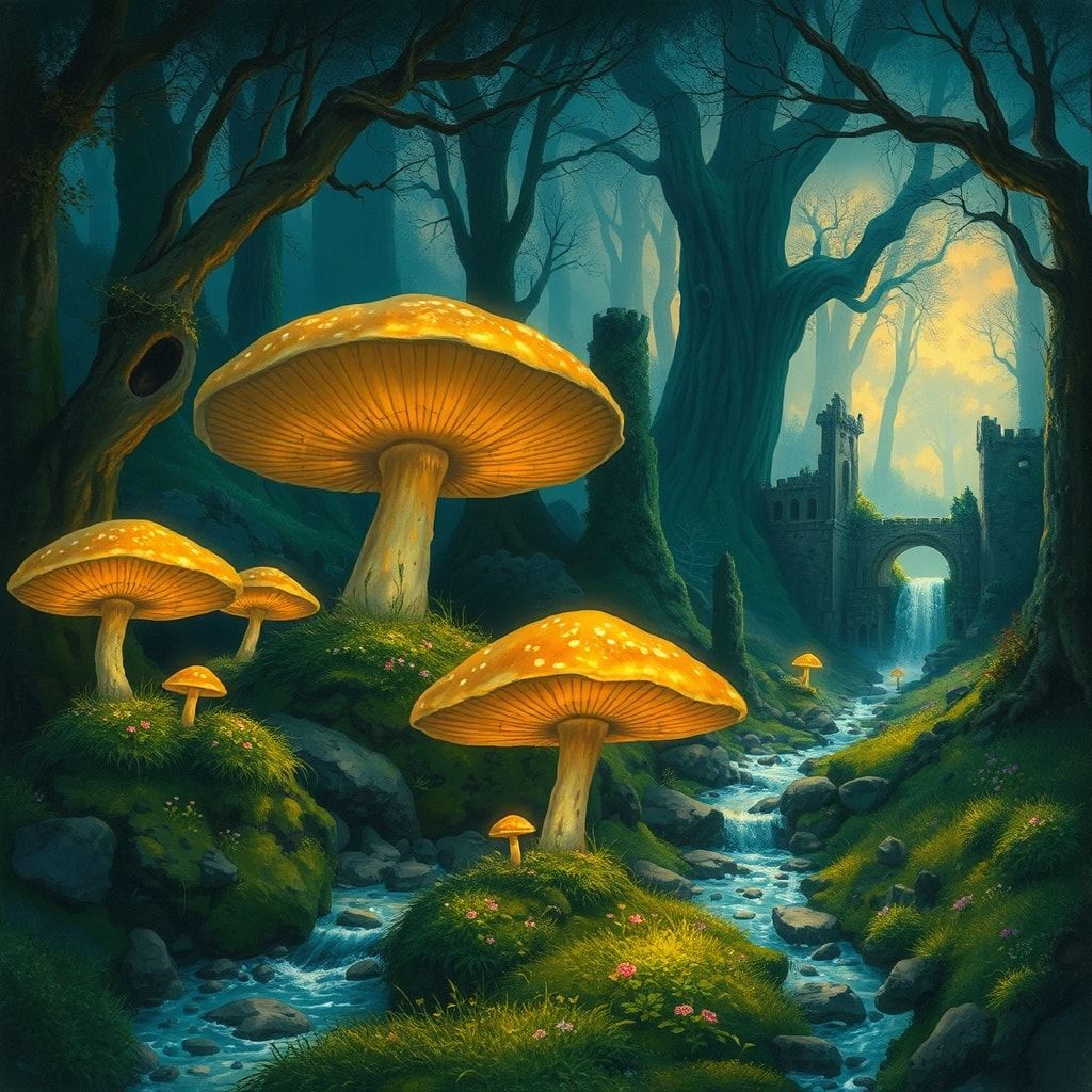 Ancient elven forest at twilight, giant glowing mushrooms, silver streams, moss-covered ruins, soft magical light, detailed fantasy art, painterly style