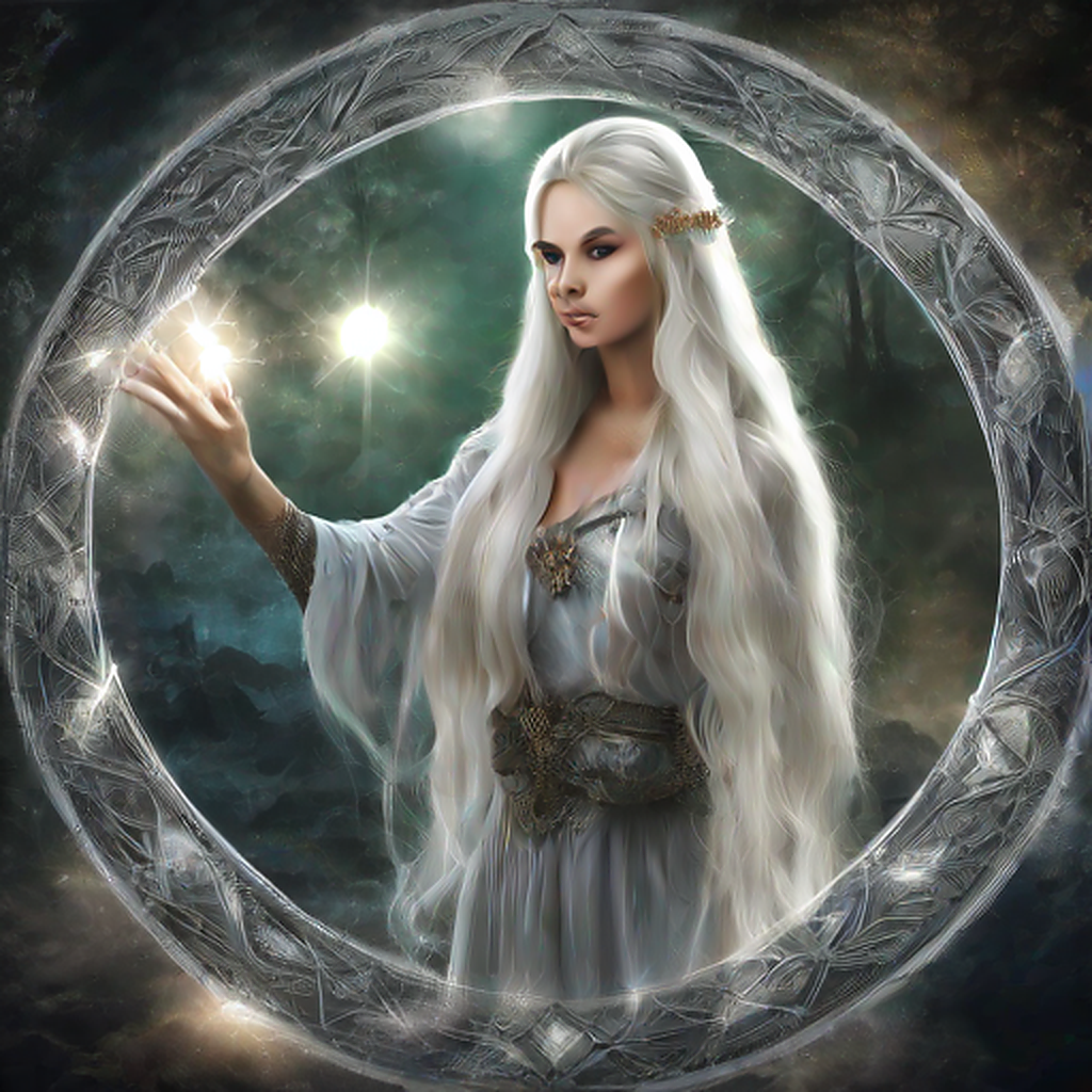 Elven magic circle ritual fantasy scene, beautiful elven maiden with long flowing silver hair standing inside a glowing magical circle