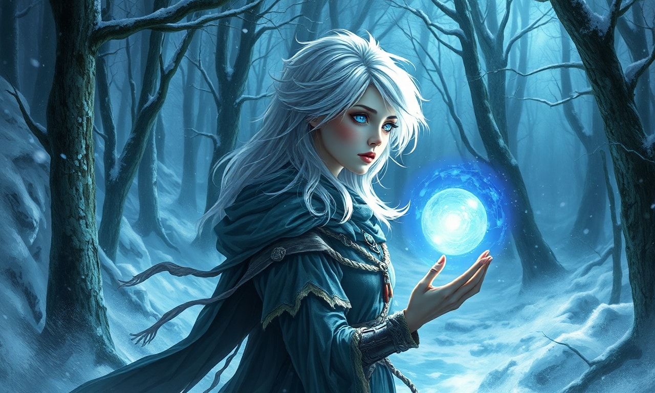 A mystical young woman with silver hair and glowing blue eyes stands amidst an ancient, snow-laden forest, her tattered cloak billowing in the icy wind as she gazes at a floating orb of ethereal li...