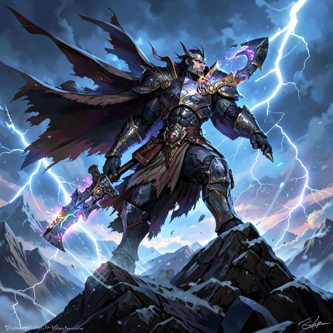 A colossal armored figure stands atop a storm-lashed mountain peak, wielding a massive, weathered blade that hums with arcane energy. The warrior’s tattered cloak billows in the gale as lightning s...
