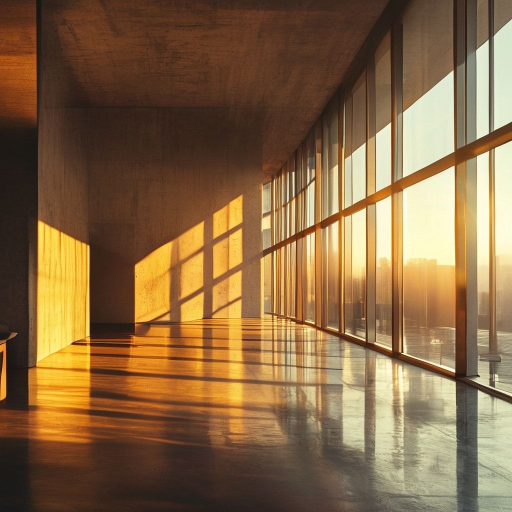 A sleek, minimalist modern apartment bathed in golden hour sunlight streaming through floor-to-ceiling windows, casting long shadows across polished concrete floors. A lone figure sits on a mid-cen...