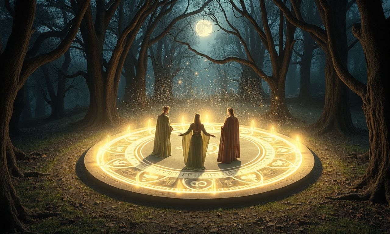 Cinematic elven magic circle ritual fantasy video, slow panning around a sacred grove where an elegant elven maiden and companions form a glowing magic circle, runes and wards rising in the air, gentle camera movements and smooth transitions, soft light particles and dome of protection, moonlight through ancient trees, ritual and protective atmosphere, fantasy aesthetic, peaceful and mystical mood, high quality visual effects, dreamlike composition